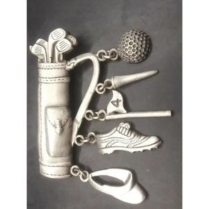 Vintage JJ Golf Charm Brooch Signed Caddy Visor Shoe Flag Tee Ball Clubs Bag